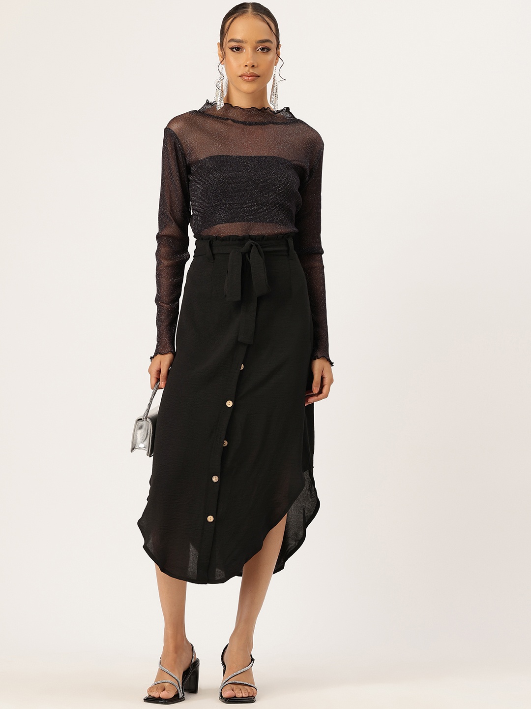 

bebe All Day Belted Waist Curved Hem Midi Straight Skirt, Black