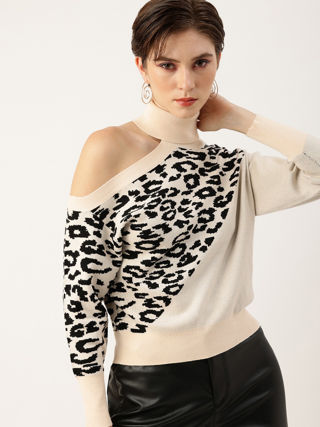 

bebe Cut-Out Shoulder Turtle Neck Knitted Pullover, Cream