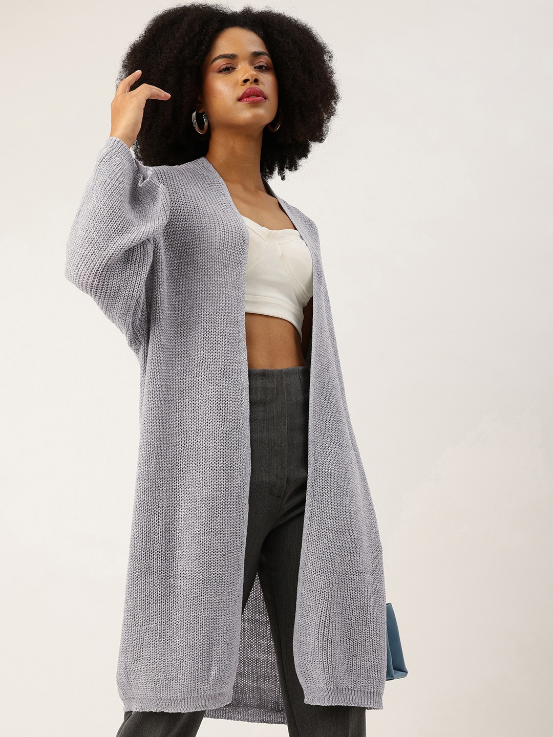 

bebe Women Acrylic Knitted Front-Open Longline Sweater, Grey