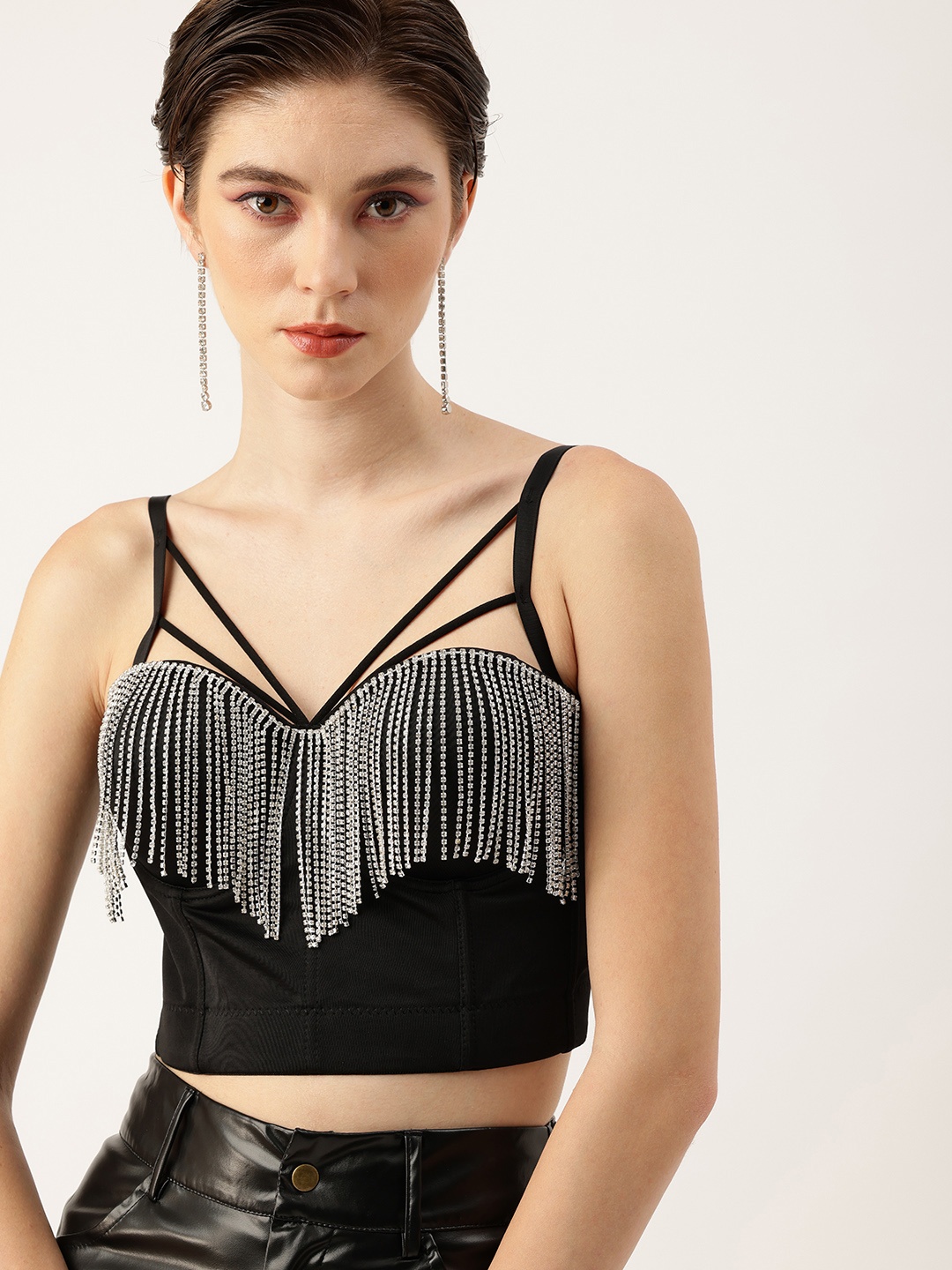

bebe Stone Tassel Embellished Bralette Crop Corset Top, Black