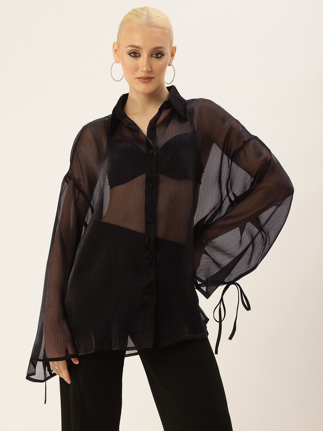 

bebe Flared Sleeves Sheer Longline Party Shirt, Black