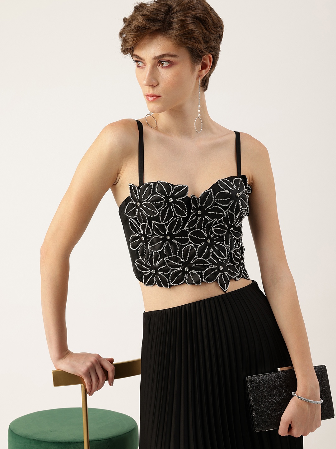 

bebe Embellished Stone Studded Bralette Party Crop Corset Top, Black