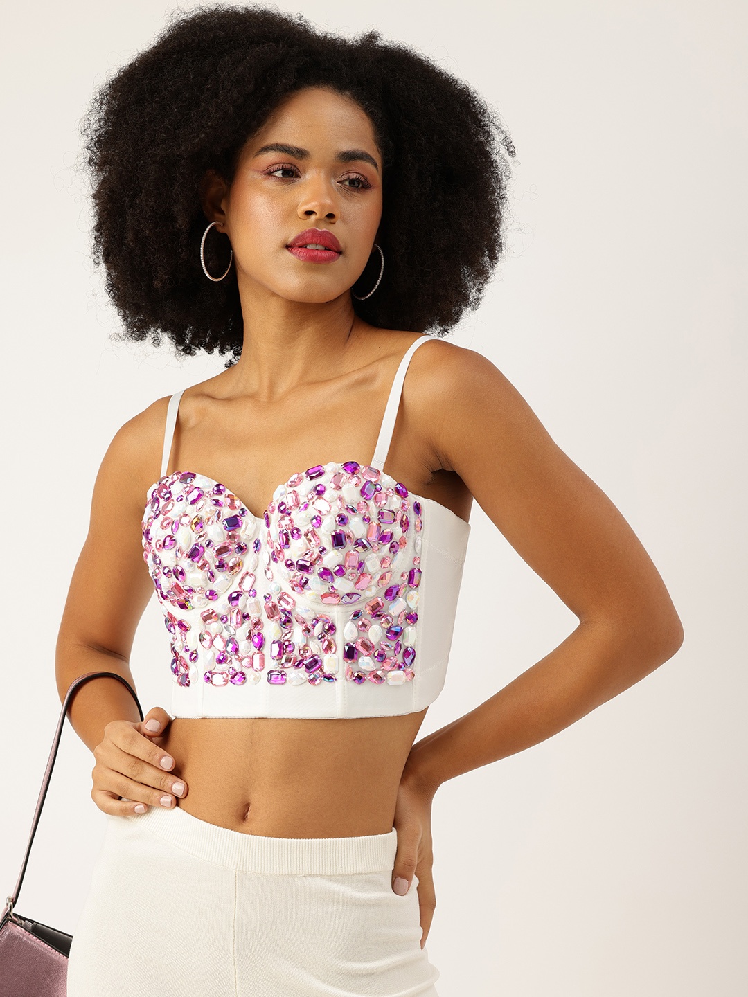 

bebe Embellished Sweetheart Neck Studded Bralette Party Crop Corset Top, White