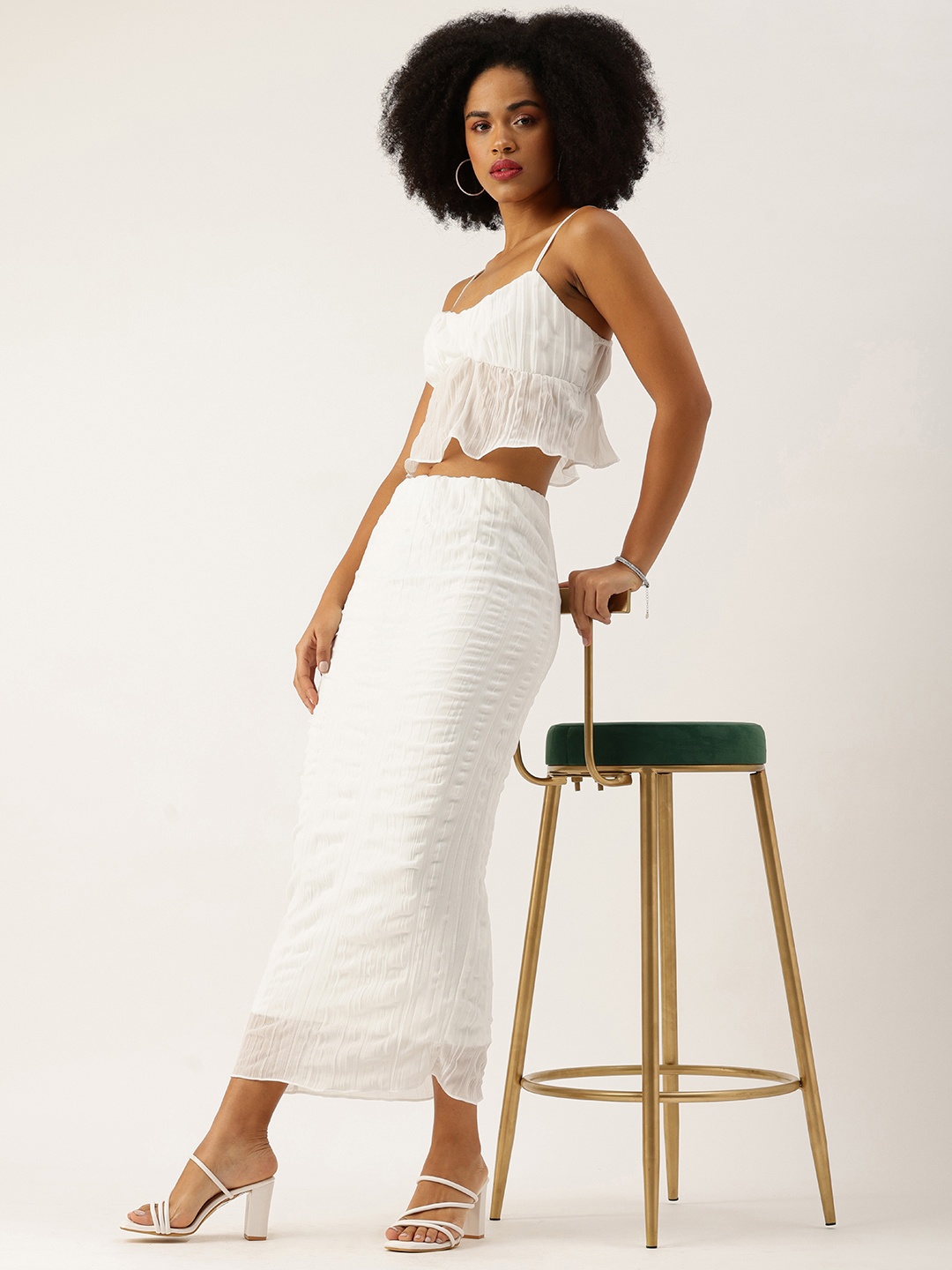 

bebe Shoulder Strap Crop Top With Pleated Pencil Midi Skirt Co-Ords, White