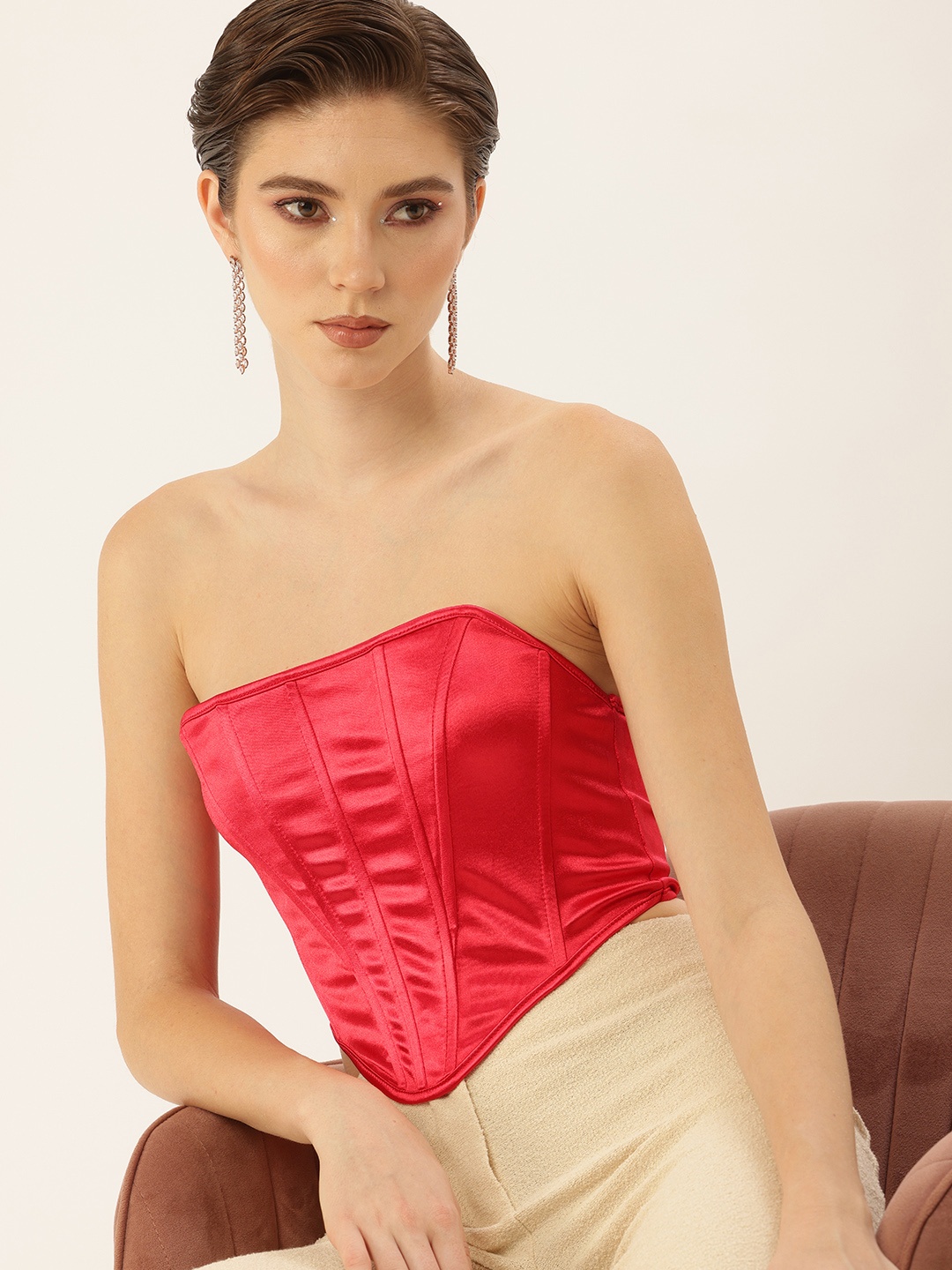 

bebe Strapless Satin Finish Corset Crop Party Top, Red