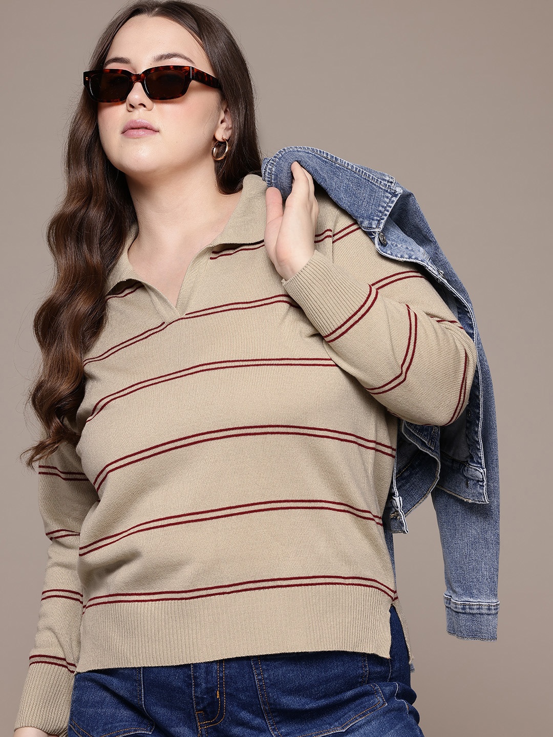 

The Roadster Lifestyle Co. Plus Size Pure Acrylic Striped Pullover, Beige