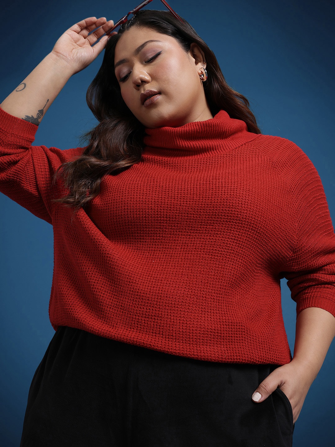 

The Roadster Life Co. Plus Size Rib Knits Turtle Neck Acrylic Pullover, Red