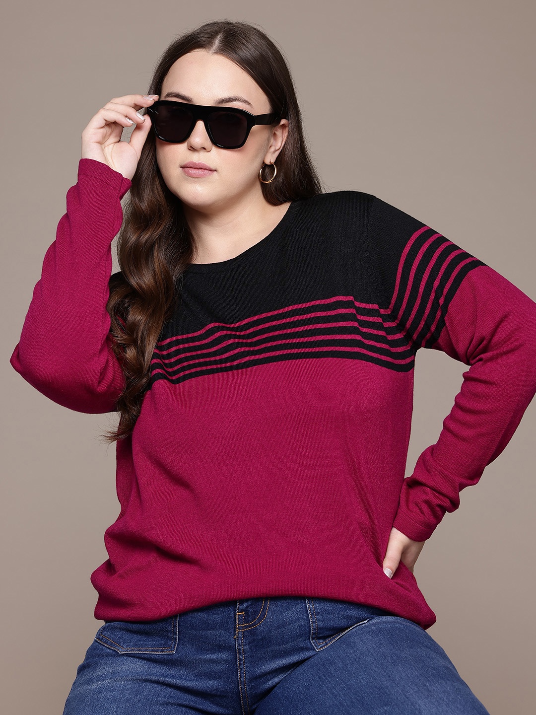 

The Roadster Lifestyle Co. Plus Size Pure Acrylic Striped Pullover, Magenta