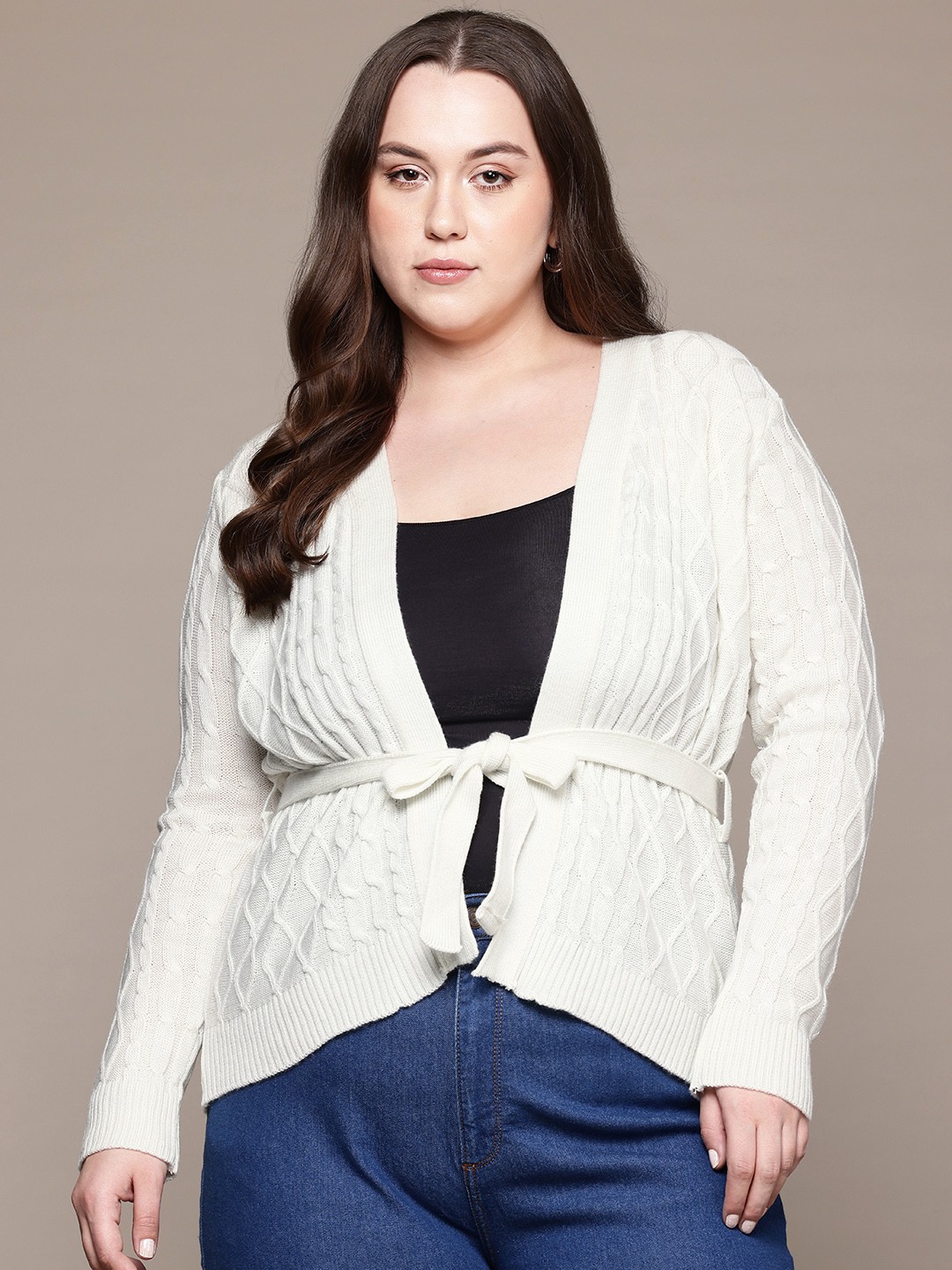 

The Roadster Lifestyle Co. Plus Size Cable Knit Front-Open Sweater with Belted Detail, White