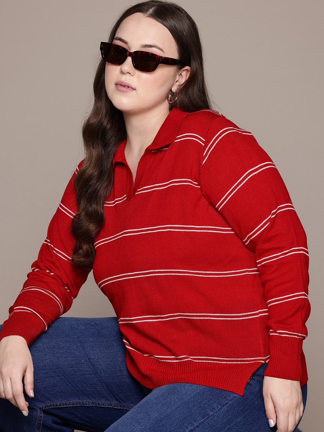 

The Roadster Lifestyle Co. Plus Size Pure Acrylic Striped Pullover, Red