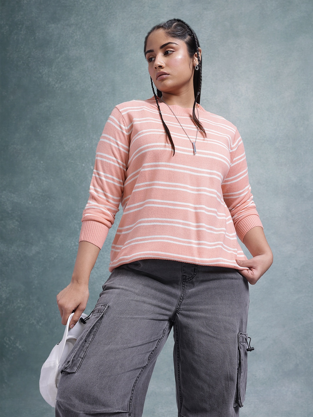 

The Roadster Lifestyle Co. Plus Size Acrylic Striped Pullover, Peach