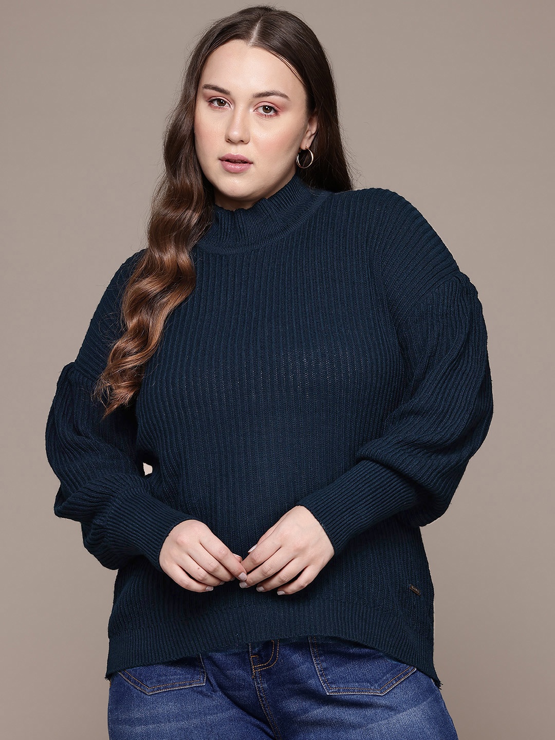 

The Roadster Lifestyle Co. Plus Size Pure Acrylic Ribbed Pullover, Navy blue