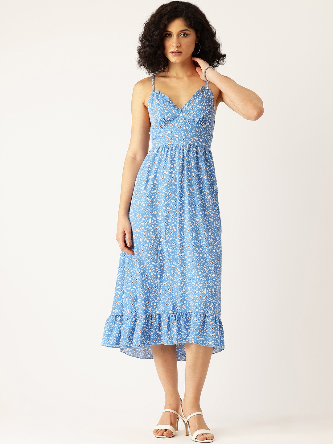 

bebe Soft Romance Printed Shoulder Straps Midi Dress, Blue