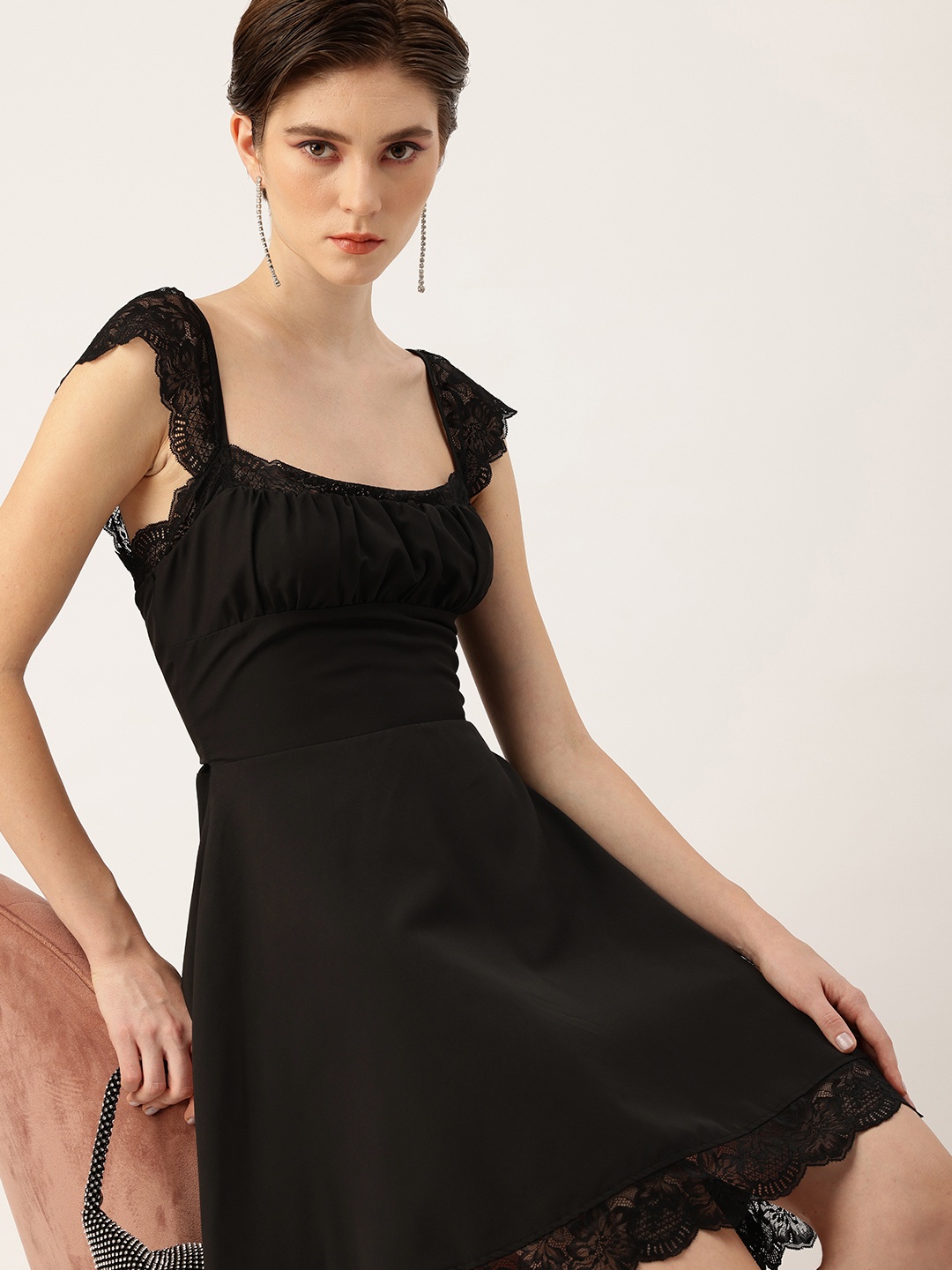 

bebe Lace Inserts Cap Sleeves Fit & Flare Dress, Black