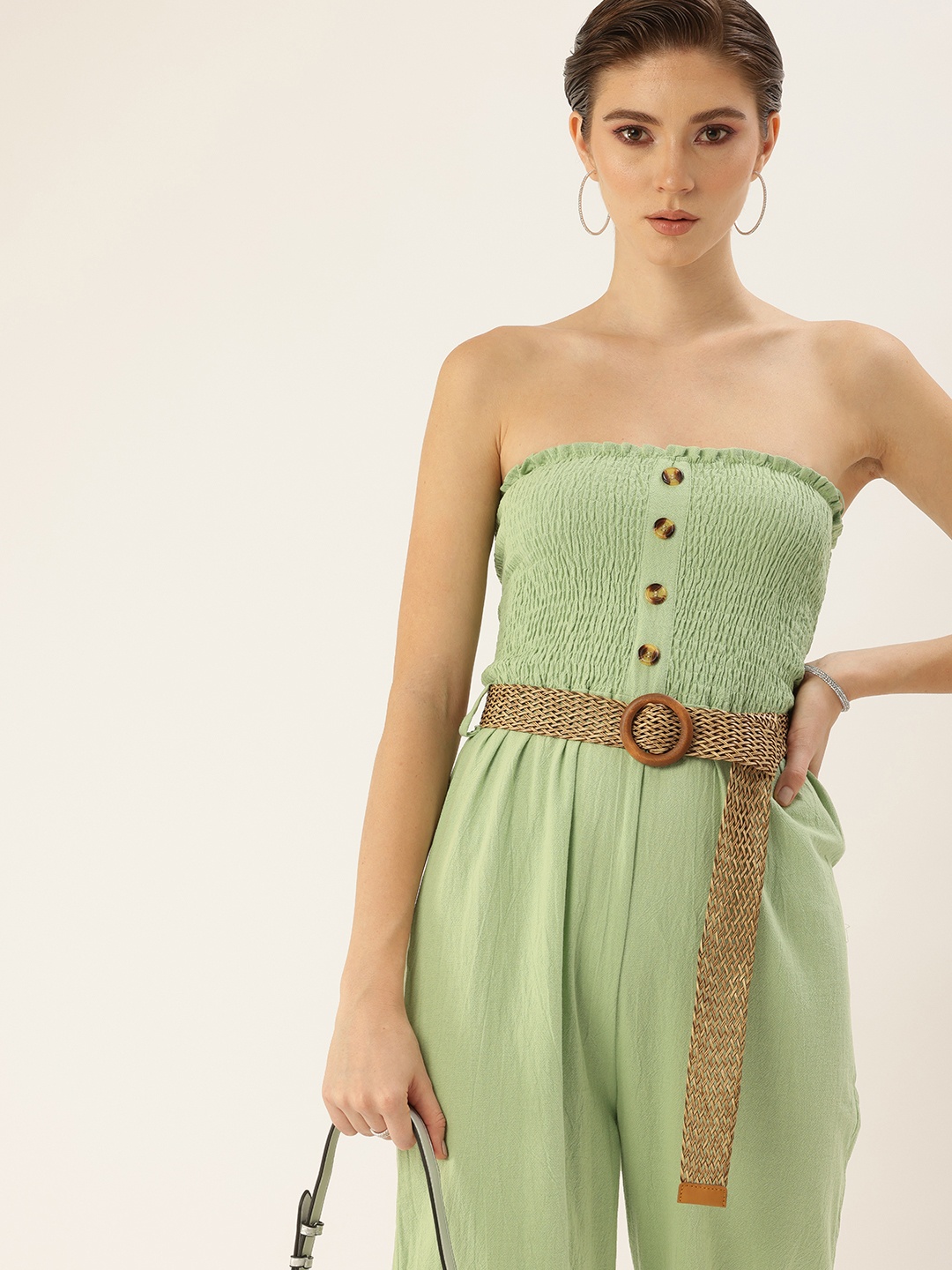 

bebe Off-Shoulder Smocked Jumpsuit with Belt, Green
