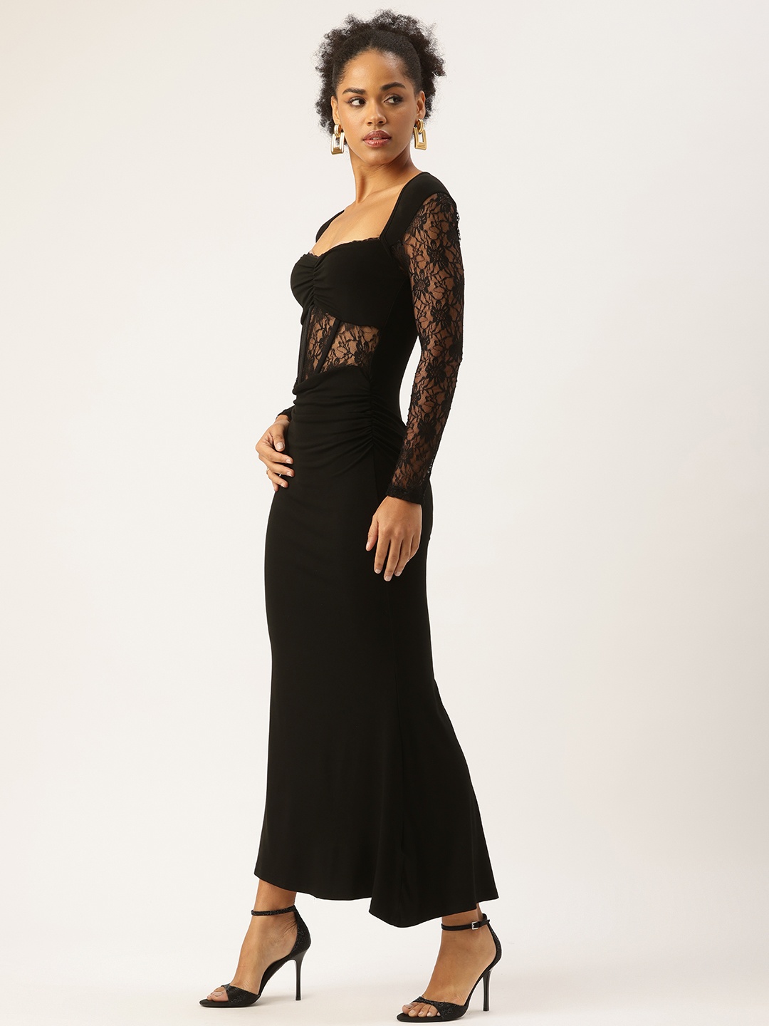 

bebe Lace Detail Ruched Sweetheart Neck Maxi Party Dress, Black