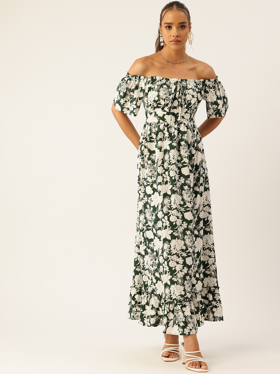 

bebe Dose of Vitamin Floral Printed Off-Shoulder Fit & Flare Maxi Dress, Green