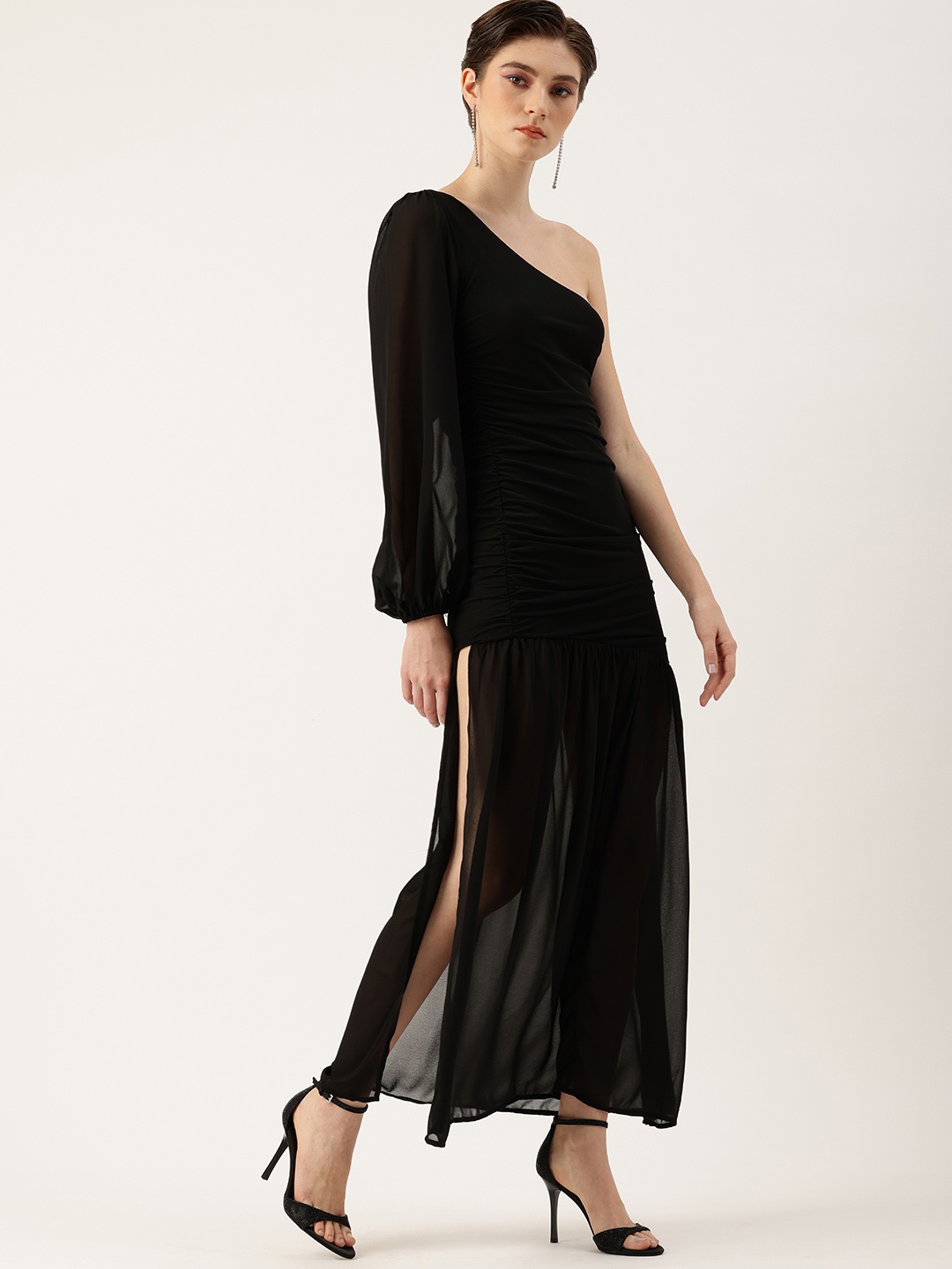 

bebe One Shoulder Puff Sleeve Party Maxi Dress With High Slit, Black