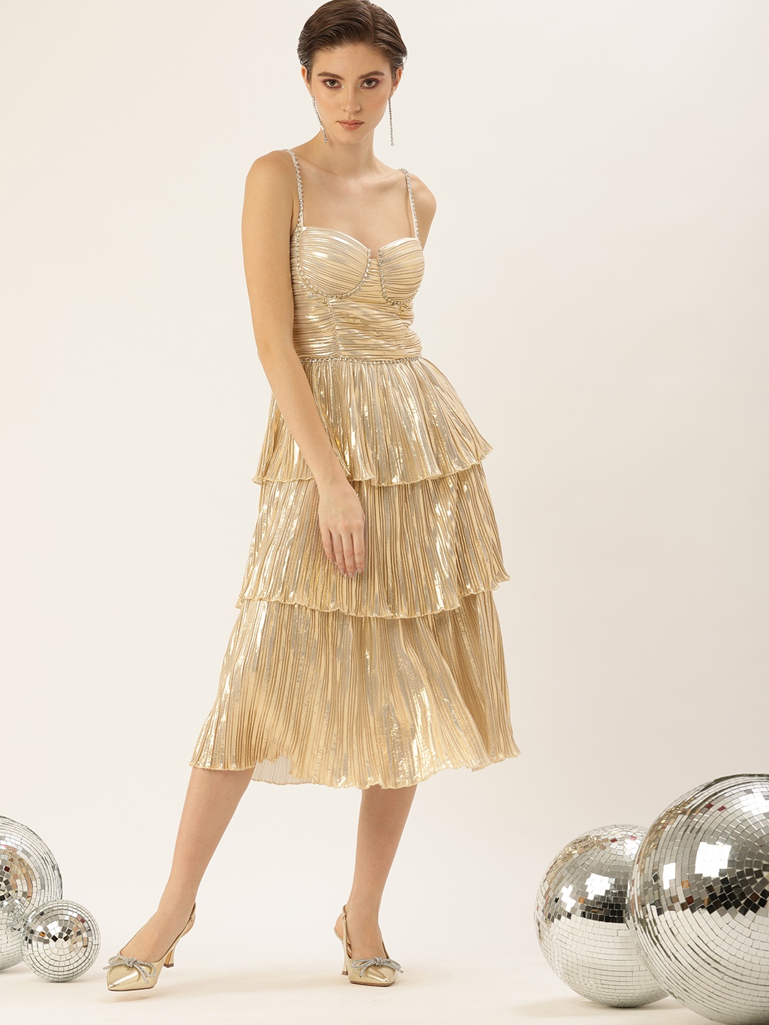 

bebe Accordion Pleats Layered A-Line Midi Dress, Gold