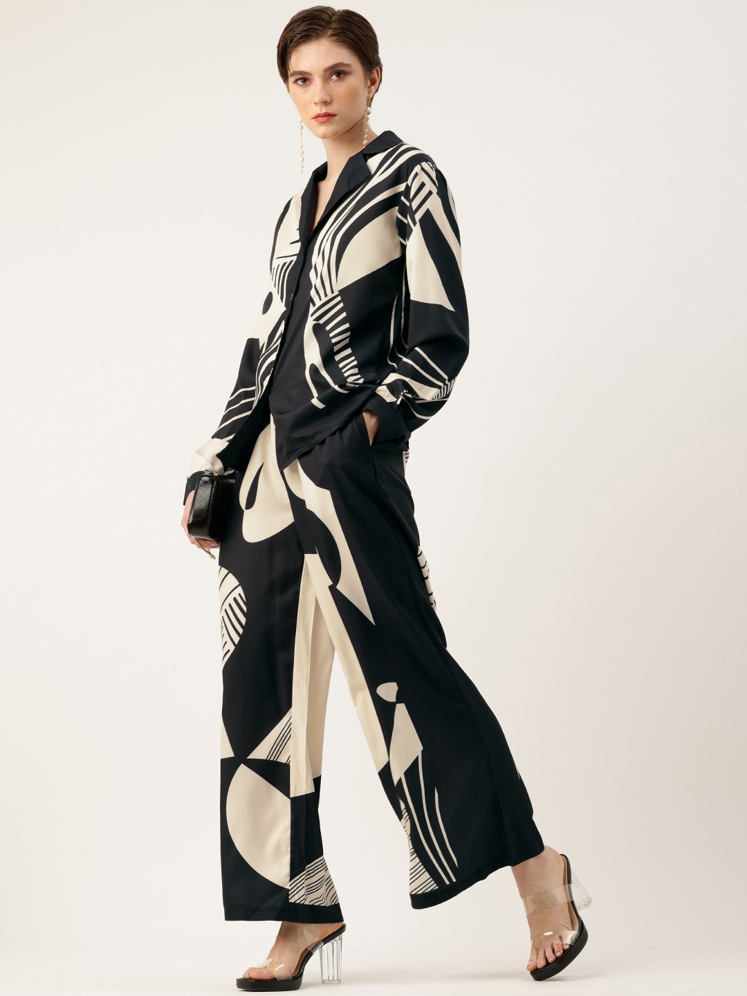 

bebe Women Geometric Printed Shirt & Trousers Co-Ords, Black