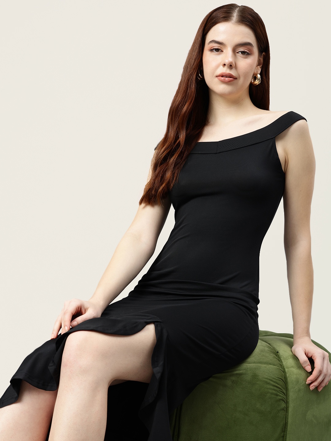

bebe Off-Shoulder Flounce Sheath Party Midi Dress, Black