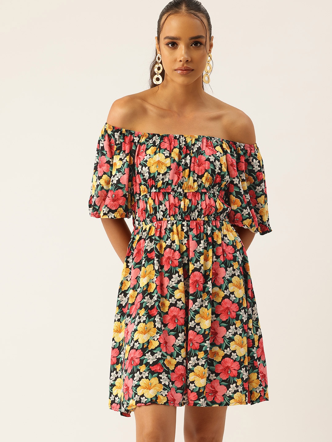 

bebe Dose of Vitamin Floral Print Off-Shoulder Puff Sleeve Fit & Flare Dress, Multi