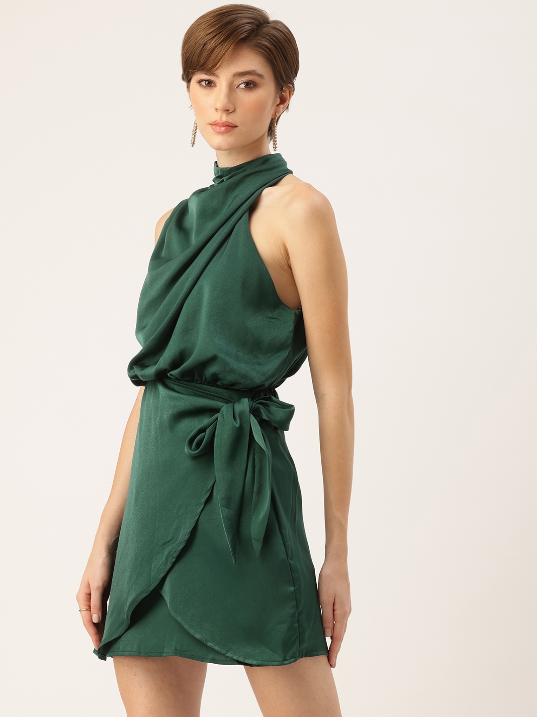 

bebe High Neck With One Shoulder Satin Wrap Detail Mini Party Dress, Green