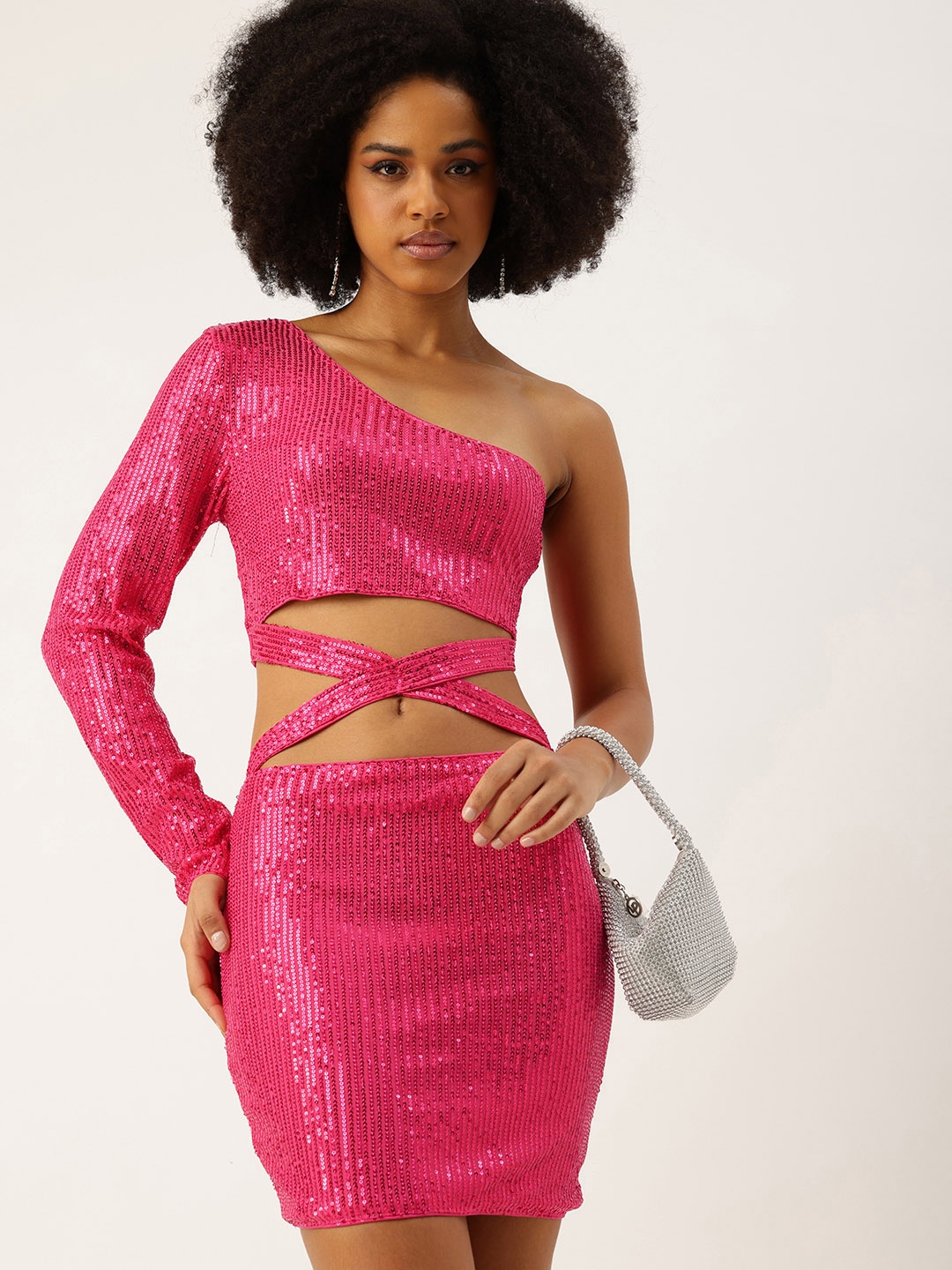 

bebe Embellished One Shoulder Mini Bodycon Party Dress, Pink