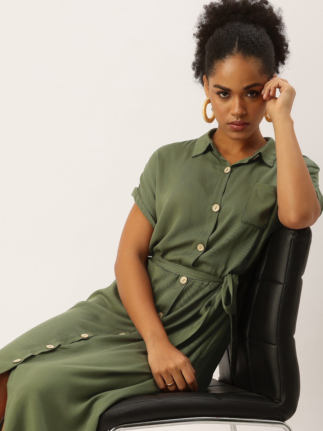 

bebe Waist Tie-Up Extended Sleeves Shirt Midi Dress, Green