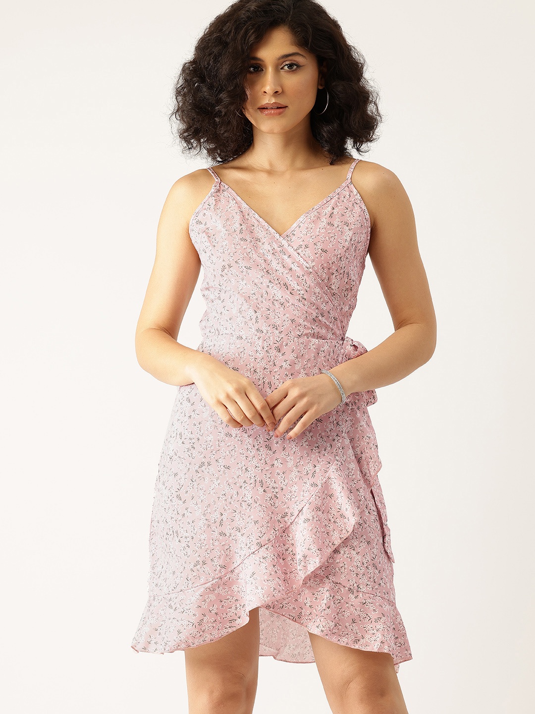 

bebe Floral Print Ruffled Wrap Dress, Pink