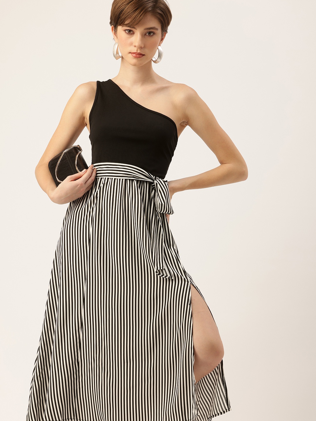 

bebe Striped Monochrome One Shoulder A-Line Midi Dress With Side Slit, Black