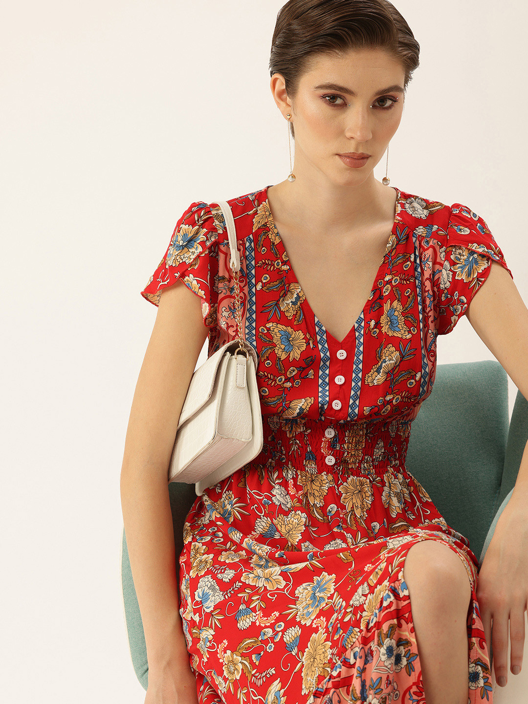

bebe Floral Print A-Line Midi Dress, Red