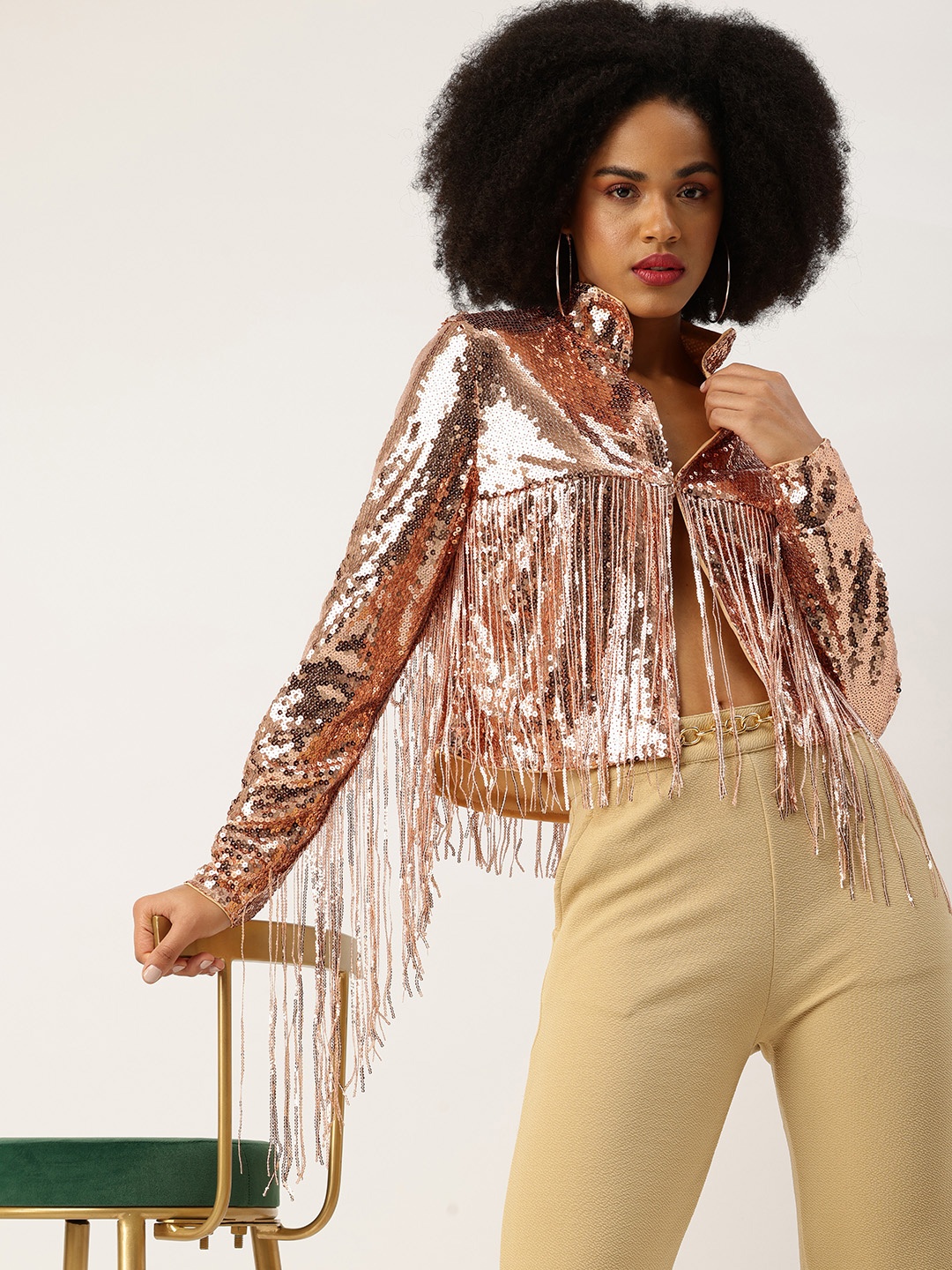 

bebe Fringed Sequined Embellished Crop Open Front Party Jacket, Rose gold