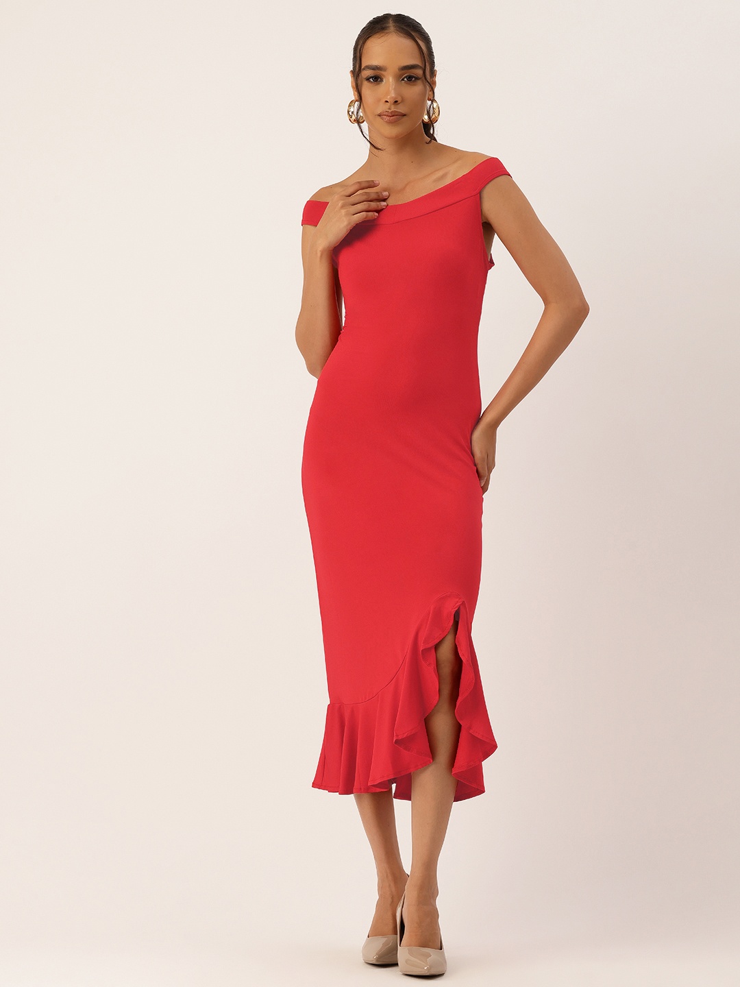 

bebe Future Glam Off-Shoulder Ruffled Sheath Dress, Red