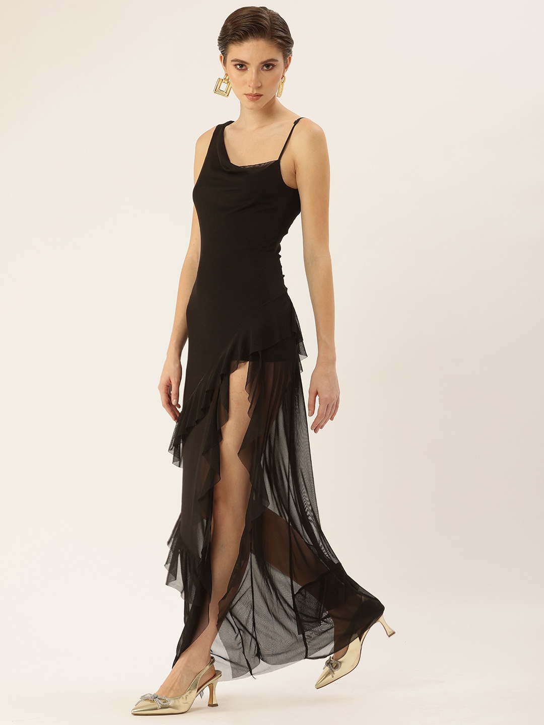 

bebe Ruffled Net Maxi Dress With High Slit, Black