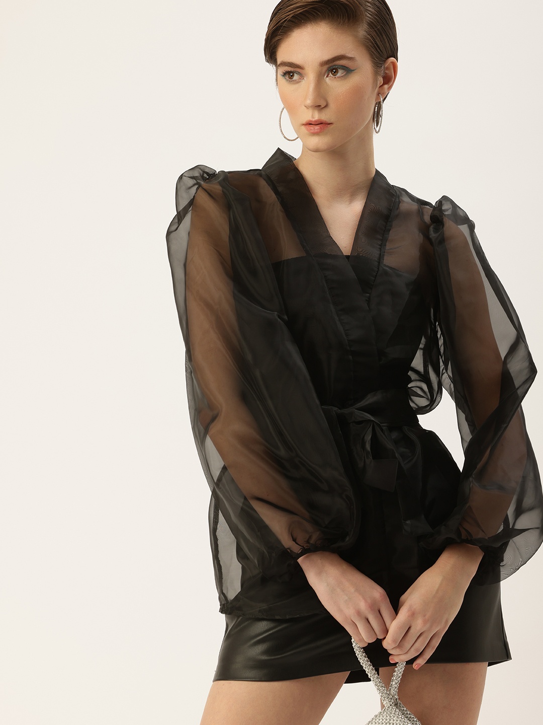 

bebe V-Neck Puff Sleeves Longline Shirt Style Top, Black