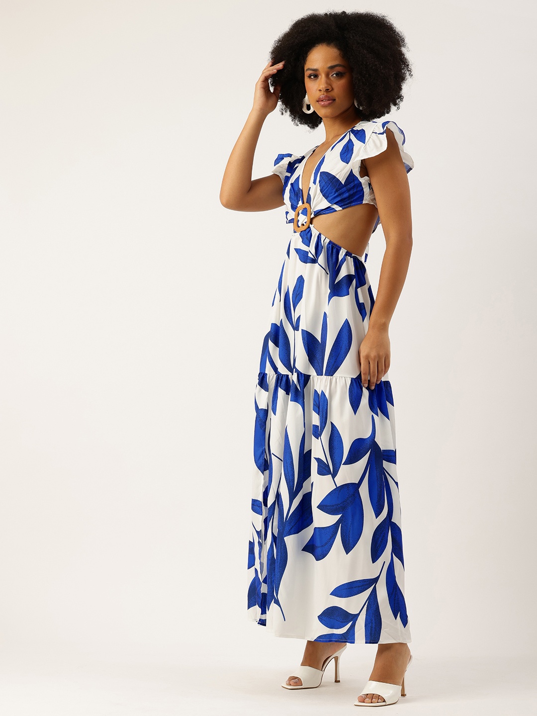 

bebe Tropical Printed Cut-Out Detailed Flared Sleeve Maxi Dress, White