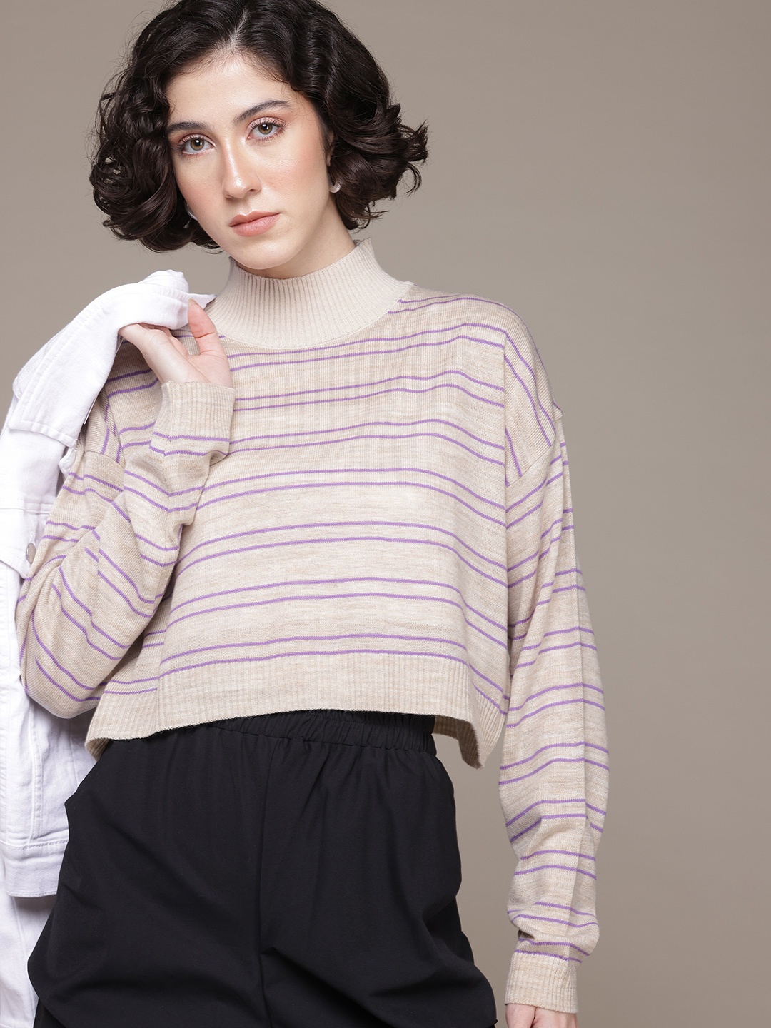 

The Roadster Lifestyle Co. Acrylic Striped Crop Pullover, Beige