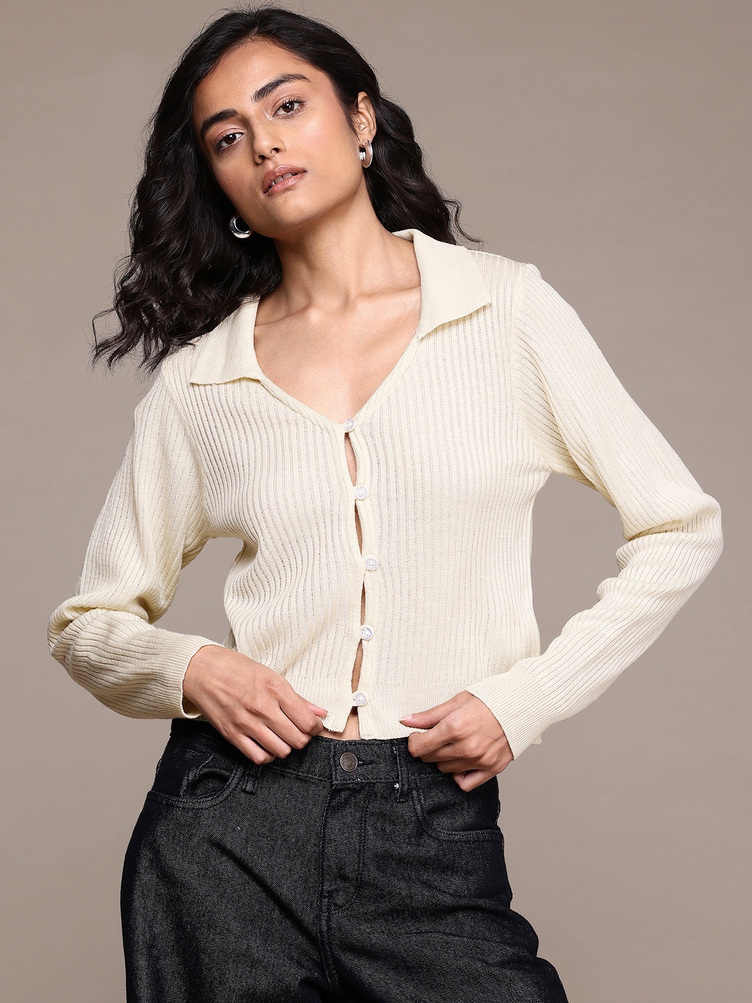 

The Roadster Lifestyle Co. Long Sleeves Ribbed Cardigan, Beige