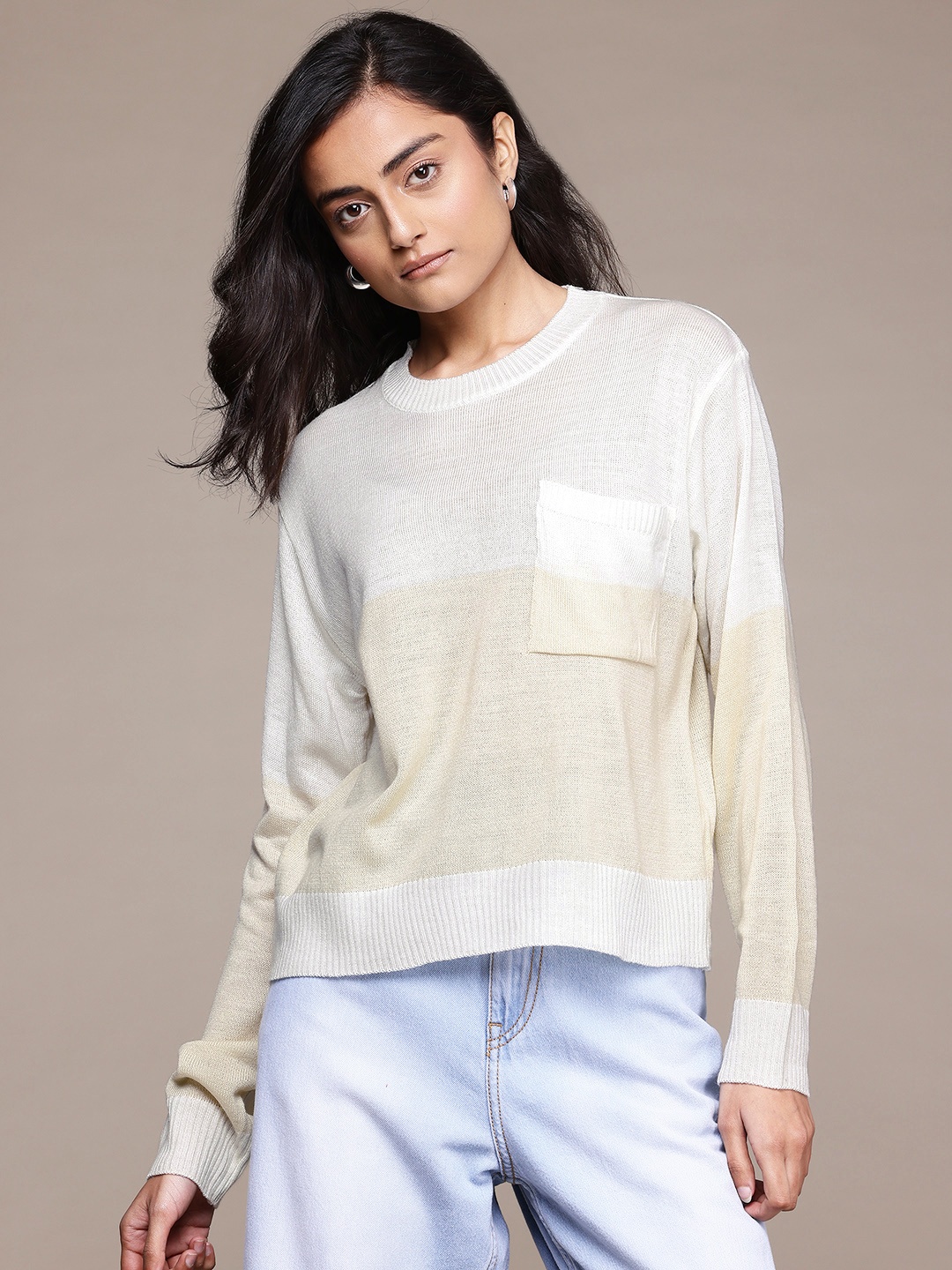 

The Roadster Lifestyle Co. Long Sleeves Colourblocked Sweater, Beige