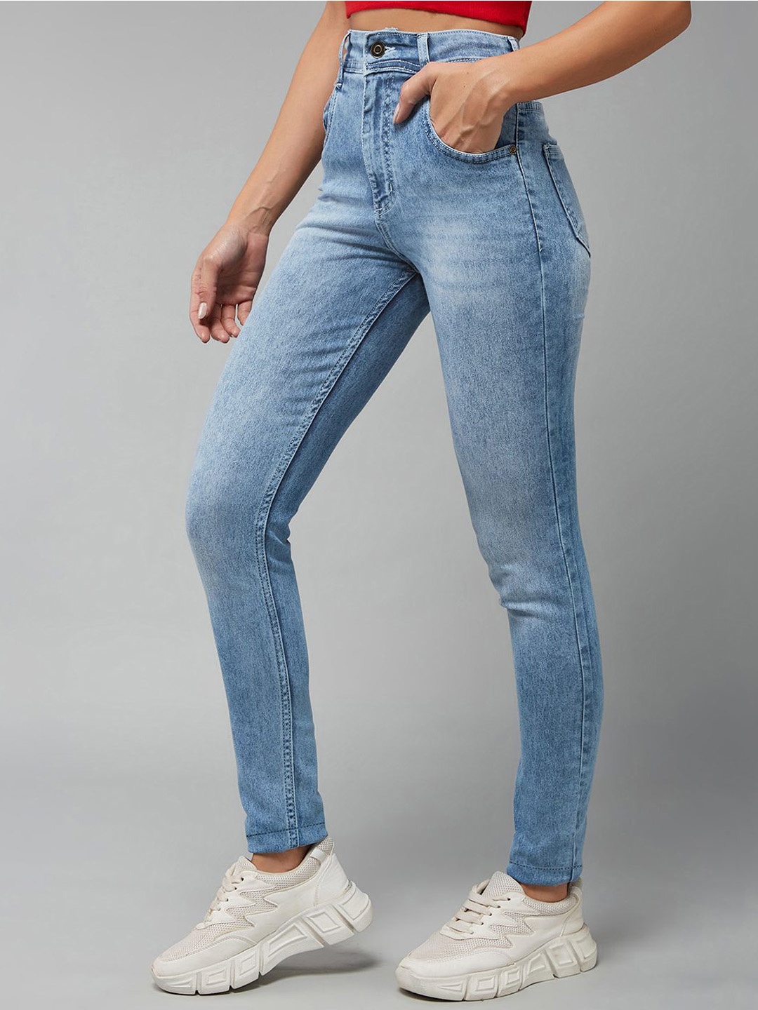 

DOLCE CRUDO Money Penny Women Light Blue Clean Look Heavy Fade High-Rise Slim Fit Jeans