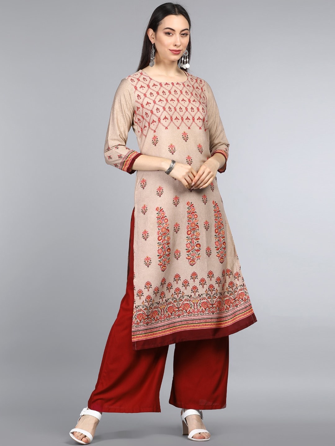 

KALINI Ethnic Motifs Printed Straight Kurta, Beige