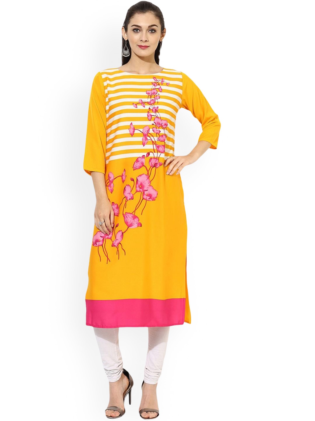 

KALINI Floral Printed Straight Kurta, Yellow