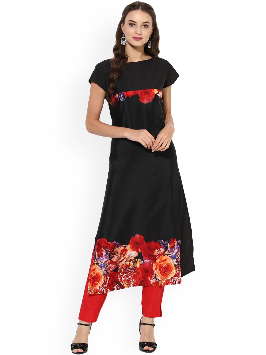 

KALINI Floral Printed Boat Neck Cap Sleeves Straight Kurta, Black