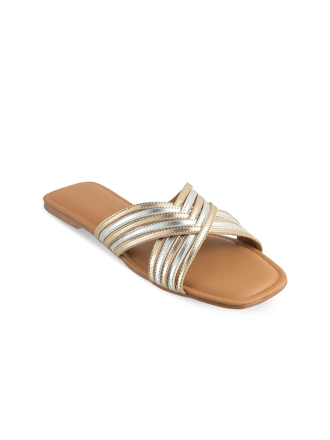 

CRIMZON Women Striped Open Toe Flats, Gold