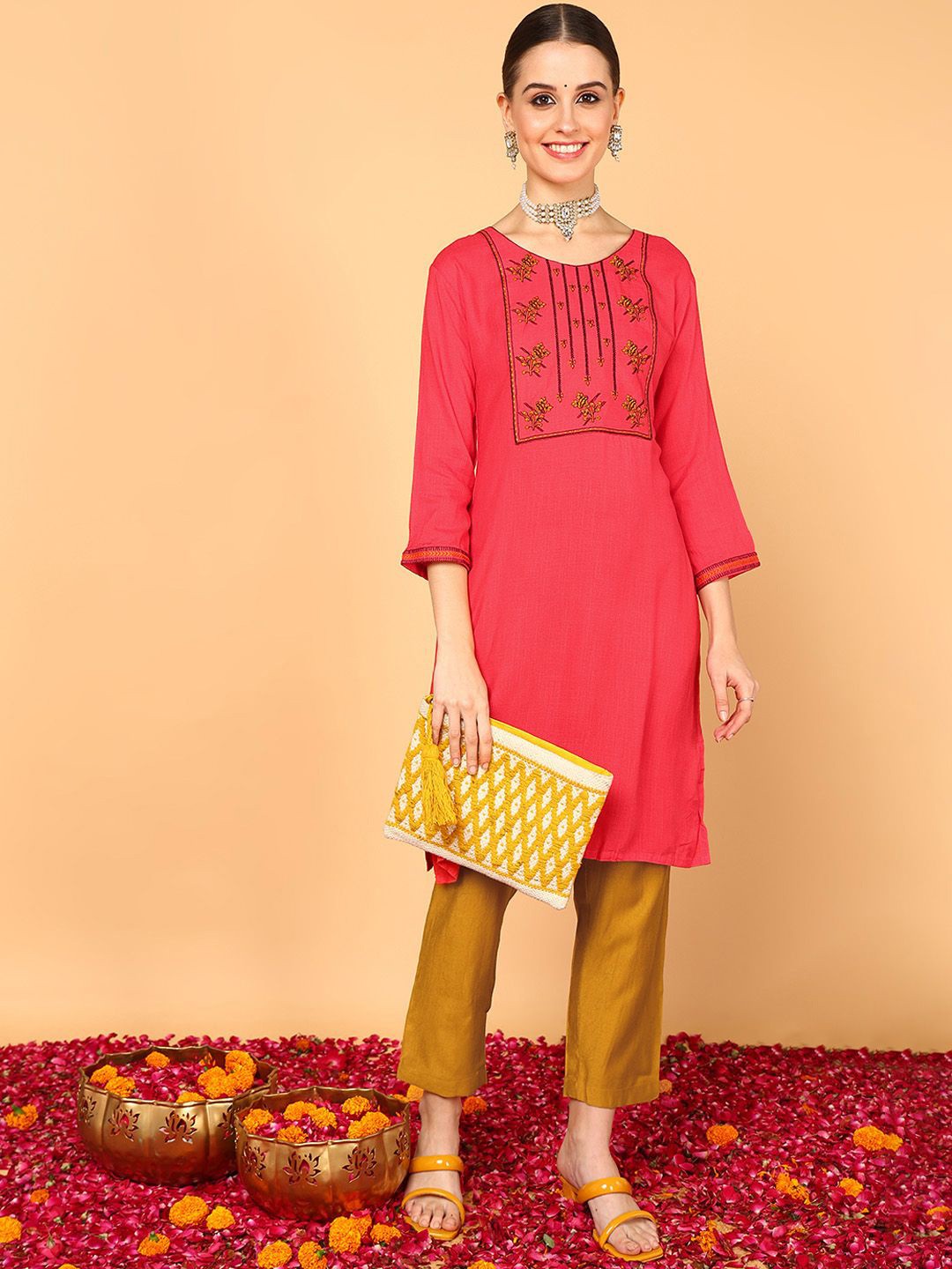 

KALINI Floral Embroidered Thread Work Cotton Straight Kurta, Pink