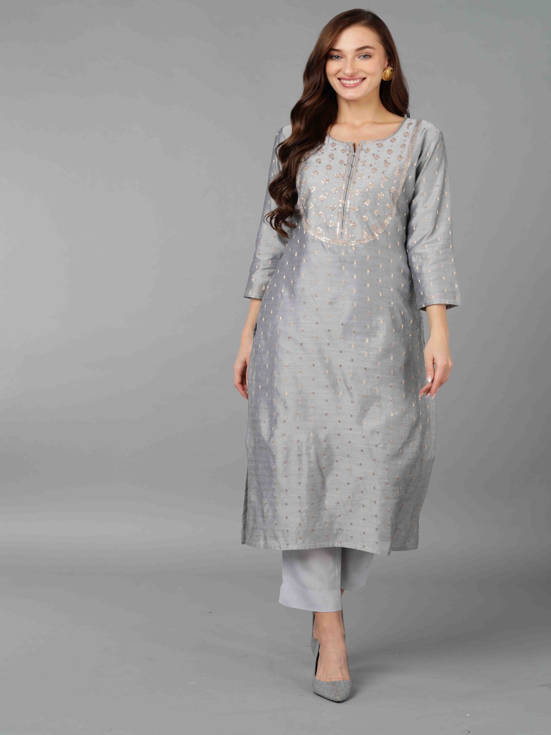 

KALINI Ethnic Motifs Woven Design Sequinned Straight Kurta, Grey