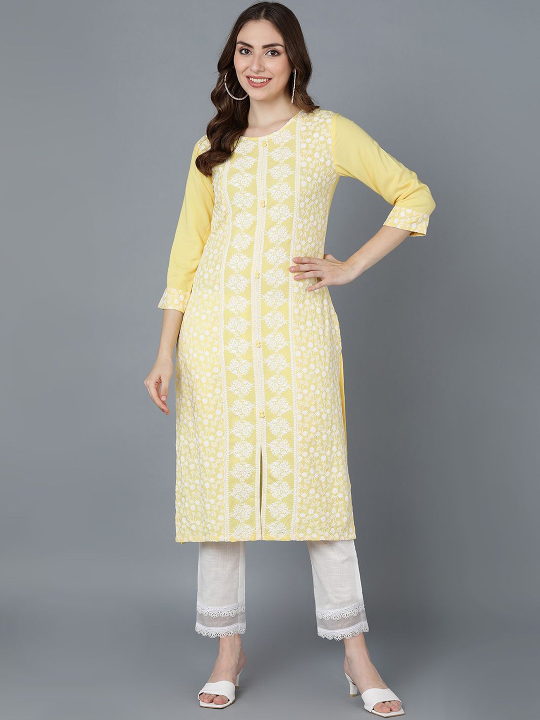 

KALINI Ethnic Motifs Embroidered Thread Work Straight Kurta, Yellow