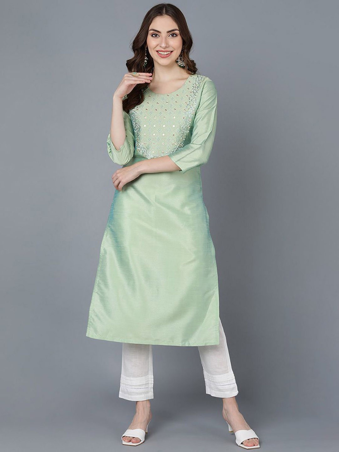 

KALINI Round Neck Yoke Design Thread Work Straight Kurta, Sea green