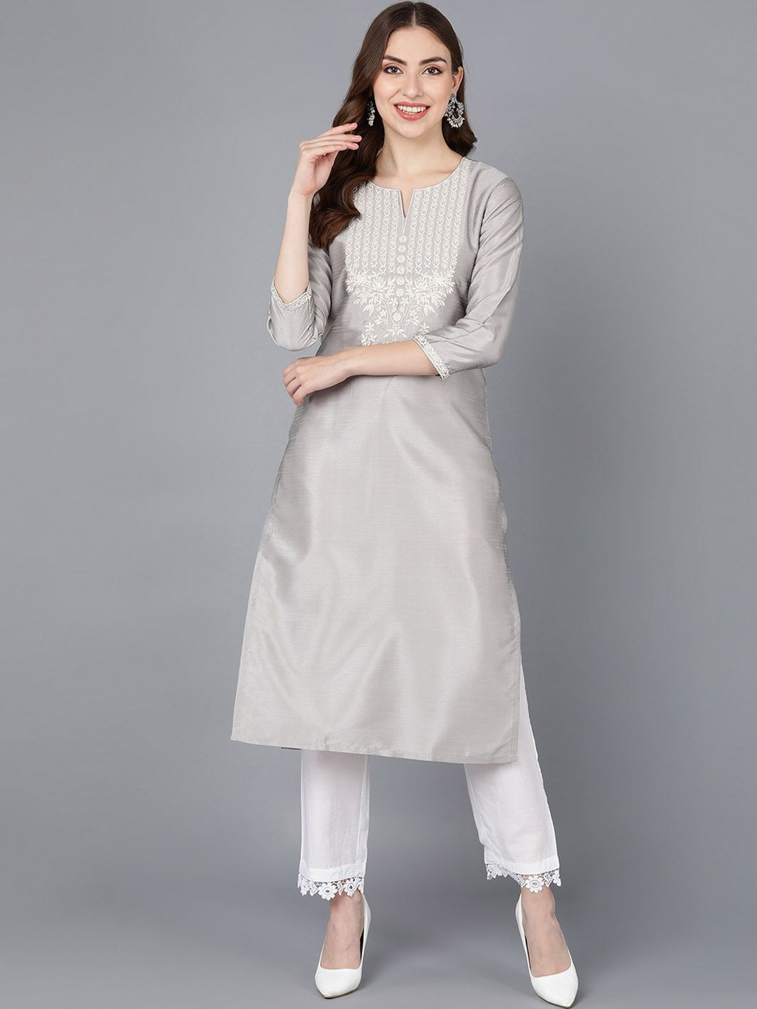 

KALINI Floral Yoke Design Thread Work Silk Straight Kurta, Grey